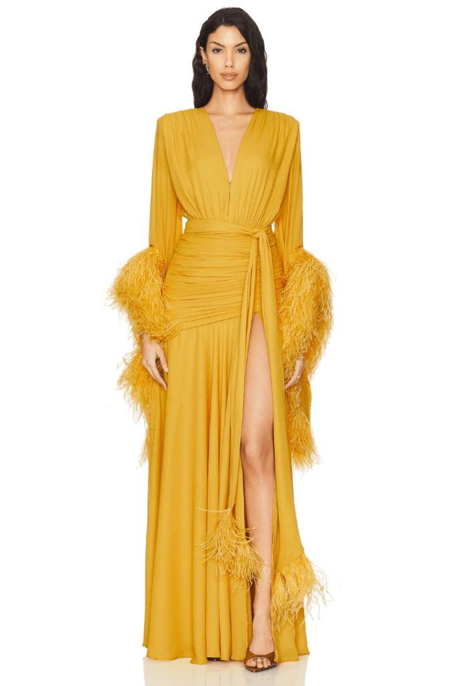 Bronx and Banco Geisha V-Neck Gown in Mustard Size Medium $1100